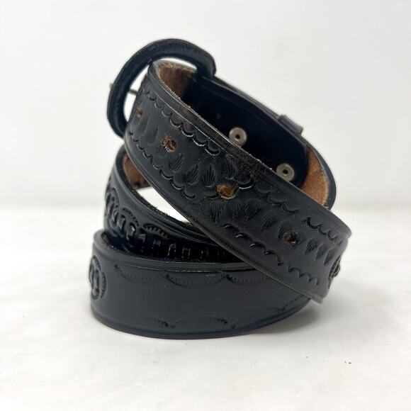 [Vintage] Black Distressed Tooled Leather Belt Size 34" - Picture 2 of 5